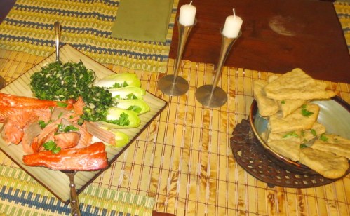 The table is set for an online chat about food and maybe even my own recipes and writing on Wednesday, April 9. Pictured here are Karaite-style matzah and a green take on maror.